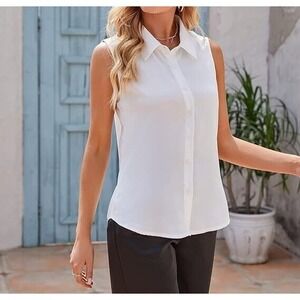Meaneor Women Chiffon Sleeveless BlouseShirt Solid Casual Slim Fit Button Down M